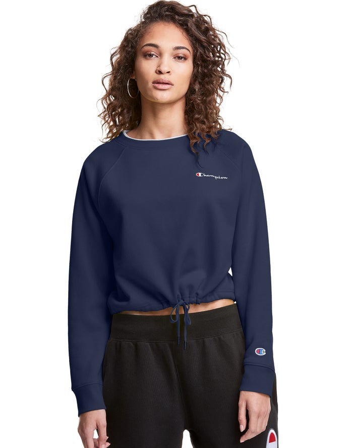 Champion Campus Fleece Cropped Crew Embroidered Script Logo Kadın Sweatshirt Lacivert ( CVELHO403 )